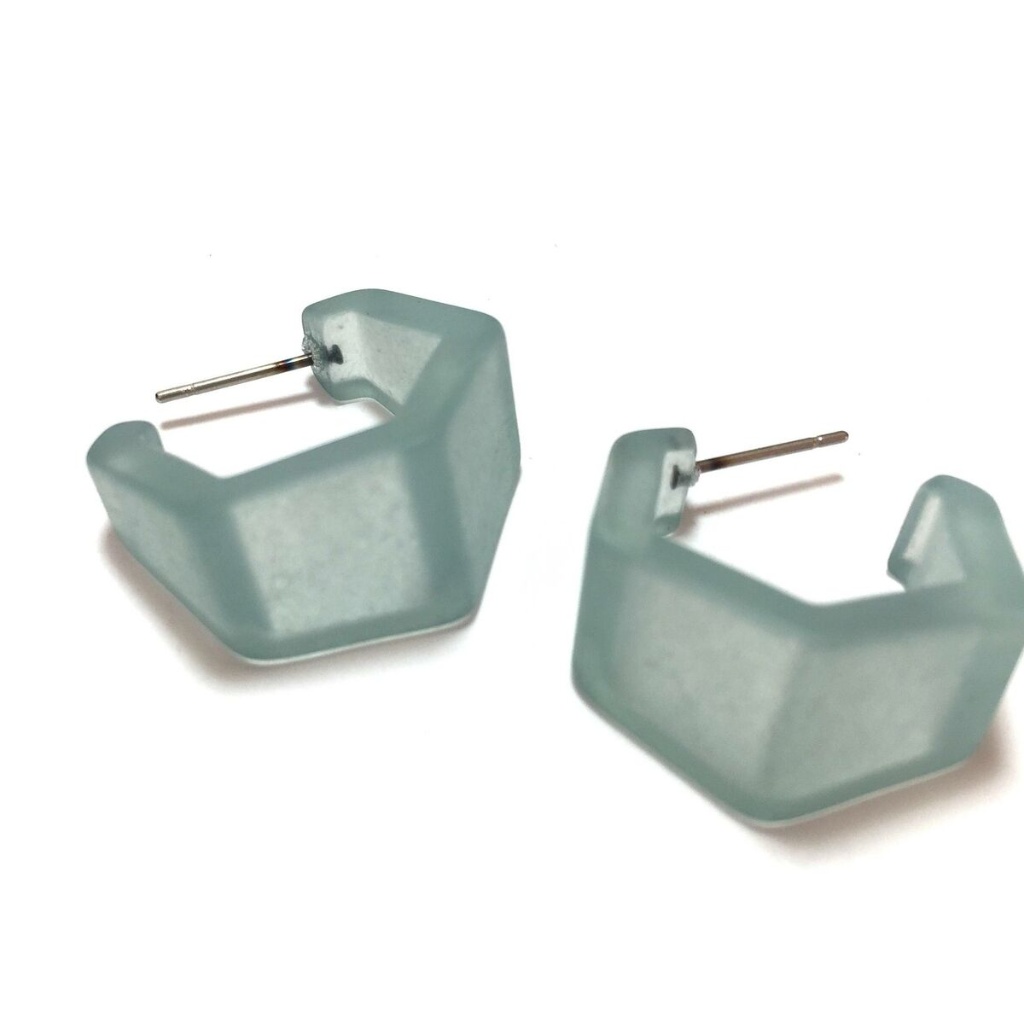 Teal Blue Frosted Lucite Hexagon Geo Hoop Earrings 22$